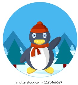 Cute penguin in a red hat and scarf waving his wing. Bird in the snow in the woods among the trees. The animal celebrates new year and Christmas. Cartoon flat illustration
