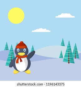 Cute penguin in a red hat and scarf waving his wing. Bird in the snow in the woods among the trees. The animal celebrates new year and Christmas. Cartoon flat illustration
