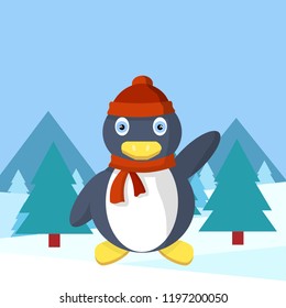 Cute penguin in a red hat and scarf waving his wing. Bird in the snow in the woods among the trees. The animal celebrates new year and Christmas. Cartoon flat illustration
