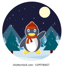 Cute penguin in a red hat and scarf waving in the woods with snow. Winter animal celebrates Christmas and new year. Cartoon flat illustration