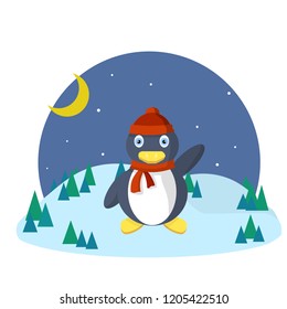 Cute penguin in a red hat and scarf waving in the winter forest. The animal celebrates Christmas and new year. Night landscape
