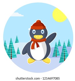 Cute penguin in a red hat and scarf waving. Polar bird in the winter forest. Celebrating Christmas and new year.
