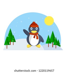 Cute penguin in a red hat and scarf waving his wing. The animal celebrates Christmas and new year in the winter forest with trees. Natural landscape.
