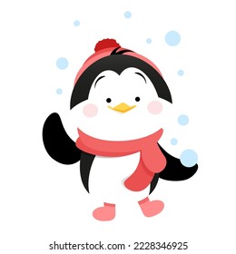 Pinguin auf rotem Hut und Schal- und Schneebälle schneiden