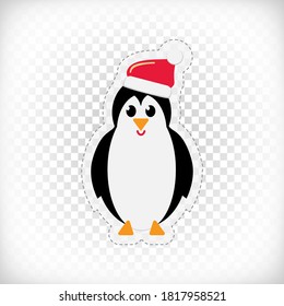 Cute penguin with red hat sticker. Element for winter holidays designs. Christmas penguin stickers. Vector illustration.