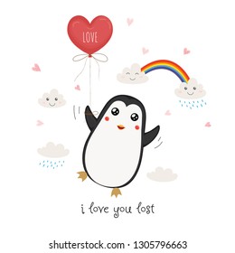 Cute penguin with red heart balloon.