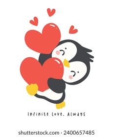 Cute penguin with red heart cartoon drawing, Kawaii Valentine animal character illustration, playful hand drawn festive love graphic.