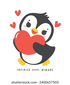 Cute penguin with red heart cartoon drawing, Kawaii Valentine animal character illustration, playful hand drawn festive love graphic.