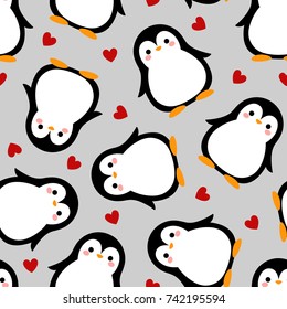 Cute Penguin with Red Heart Cartoon Seamless Pattern, Christmas Vector illustration