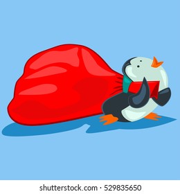 Cute penguin with a red Santa's sack. Vector Christmas illustration.