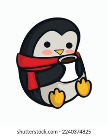 Cute penguin with red scarf and cup of hot drink. Vector illustration. Image of Christmas penguin isolated on white background. Festive design element for thematic design.