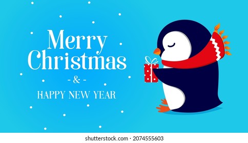 Cute penguin in a red scarf and a gift in hand on a blue background 