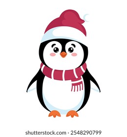 Cute penguin with red scarf and hat, Vector