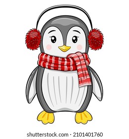 Cute penguin in red scarf with headphones. Cute baby illustration, winter greeting card. Cartoon hand drawn vector illustration.