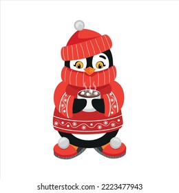 Cute penguin in a red sweater and hat with a cup of cocoa on a white background