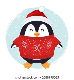 Cute penguin in red sweater with snowflakes, Santa hat. Winter background with snowflakes.