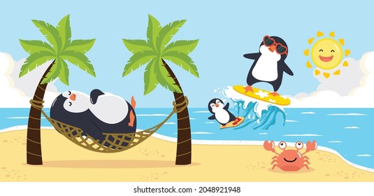 Cute penguin Relaxed with Summer  Beach background