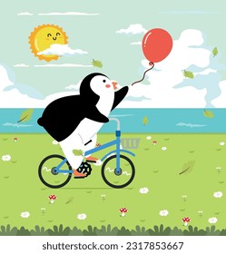 Cute penguin Riding A Bicycle In The Fields