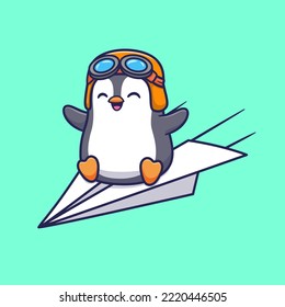 Cute Penguin Riding Paper Plane Cartoon Vector Icon Illustration. Animal Transportation Icon Concept Isolated Premium Vector. Flat Cartoon Style