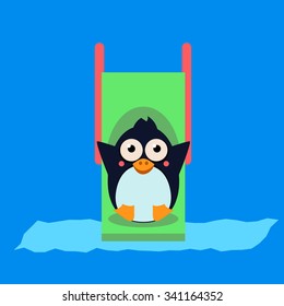Cute Penguin Riding a Roller Coaster. Vector Illustartion