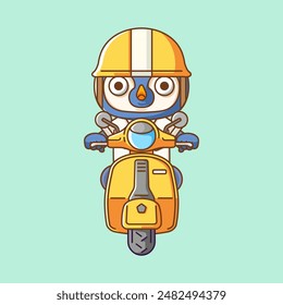 a Cute penguin riding scooter animal kawaii chibi character mascot illustration outline style design