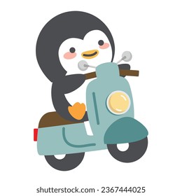 Cute Penguin riding scooter flat vector