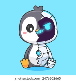 Cute Penguin Robot Cyborg Cartoon Vector Icon Illustration. Animal Technology Icon Concept Isolated Premium Vector. Flat Cartoon Style