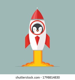 Cute penguin with Rocket launch vector