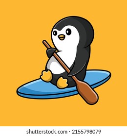 Cute Penguin Rowing With Surfboard Cartoon Vector Icon Illustration. Animal Sport Icon Concept Isolated Premium Vector.