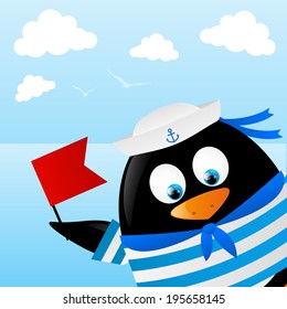 Cute penguin sailor on sea background