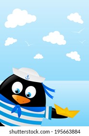 Cute penguin sailor on sea background