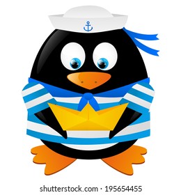Cute penguin sailor with paper boat