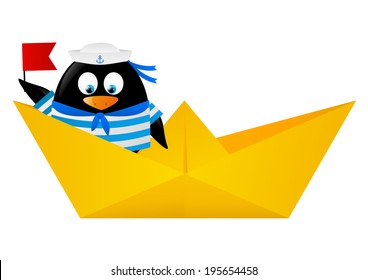 Cute penguin sailor in paper boat