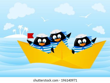 Cute penguin sailors in paper boat