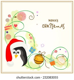 Cute penguin in Santa cap with X-mas ball and beautiful floral design for Merry Christmas celebrations.