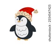 Cute penguin in a Santa Claus hat. Polar or Arctic Bird. Christmas character in flat style on white background.