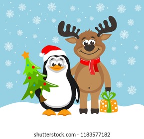 Cute penguin in a Santa Claus hat and funny reindeer. Greeting card for Christmas or New Year on a blue background. Cartoon character with christmas tree and gift box. Flat style. Vector illustration.