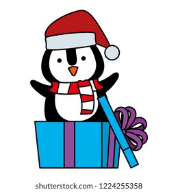 cute penguin with santa claus hat in gift