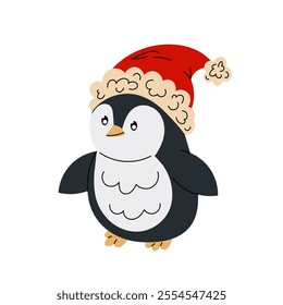 Cute penguin in a Santa Claus hat. Polar or Arctic Bird. Christmas character in flat style on white background.