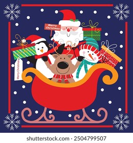 cute penguin, santa claus, reindeer and snowman for christmas card, gift bag or box design