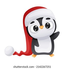 Cute penguin in Santa hat. Adorable funny baby bird cartoon character. New year and Christmas design vector illustration