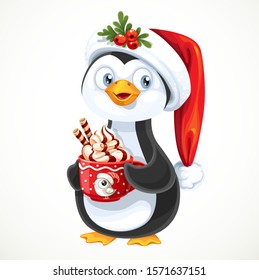 Cute penguin in Santa hat with a big cup with whipped cream foam isolated on white background