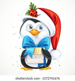 Cute penguin in Santa hat with a big cup with whipped cream foam isolated on white background