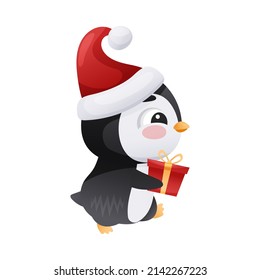 Cute penguin in Santa hat carrying gift box. Adorable funny baby bird cartoon character. New year and Christmas design vector illustration