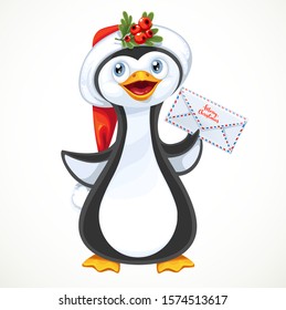 Cute penguin in Santa hat hold letter from the New Year's greetings isolated on white background