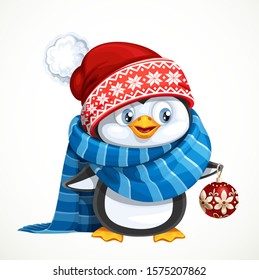 Cute penguin in Santa hat hold a gift box isolated on white background