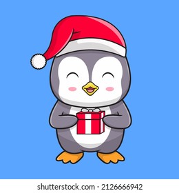 cute penguin with santa hat with holding gift christmas vector kawaii illustration