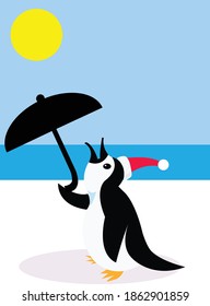 Cute penguin in a santa hat is looking for some shade in the ice.