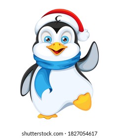 Cute penguin in Santa hat. Merry Christmas and Happy New Year. Funny penguin cartoon character. Vector illustration on white background.