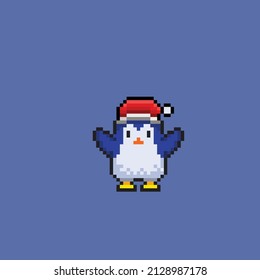 cute penguin with Santa hat in pixel style